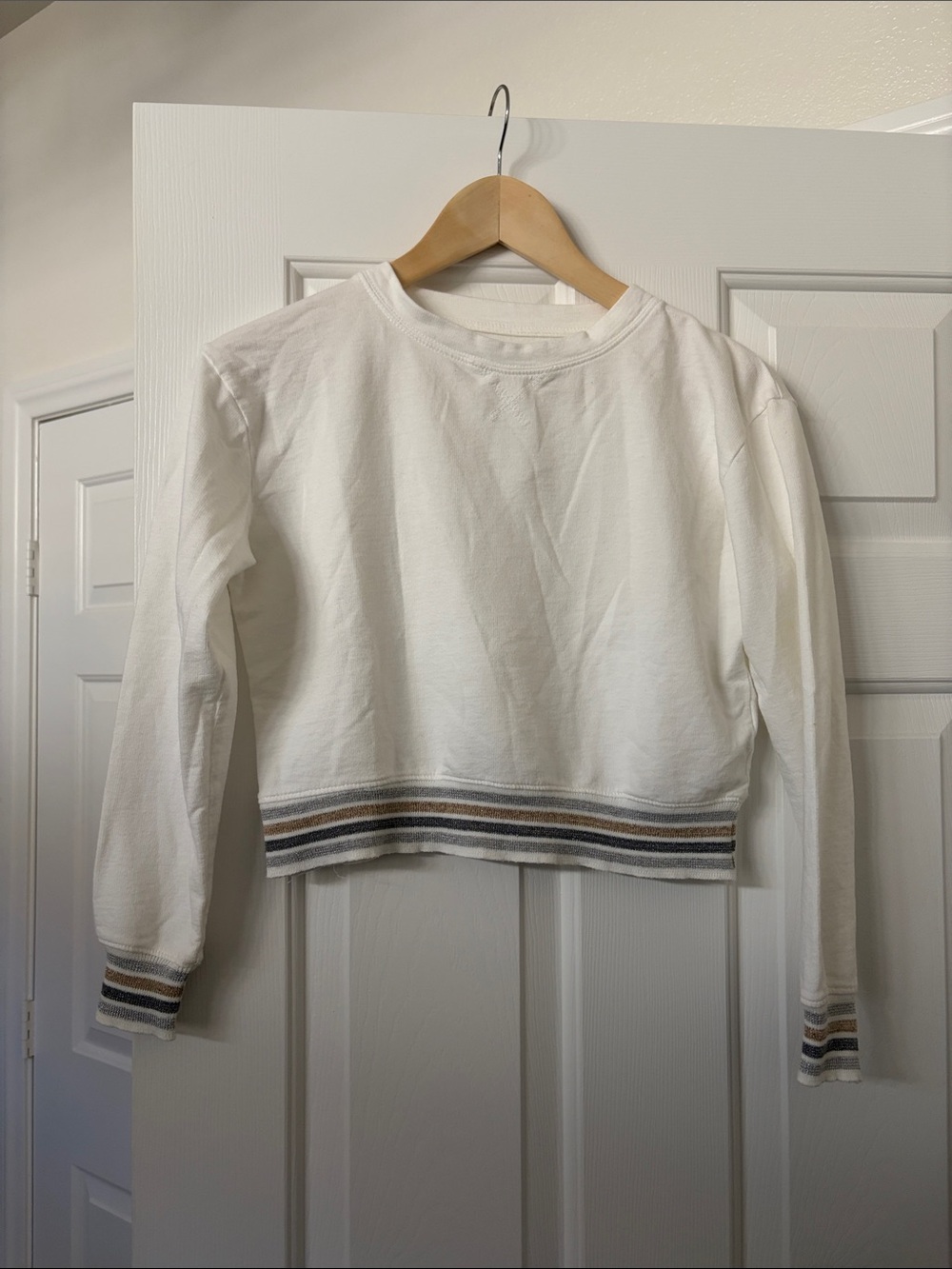 Splendid White Long Sleeve Crop Top with Striped Hem
